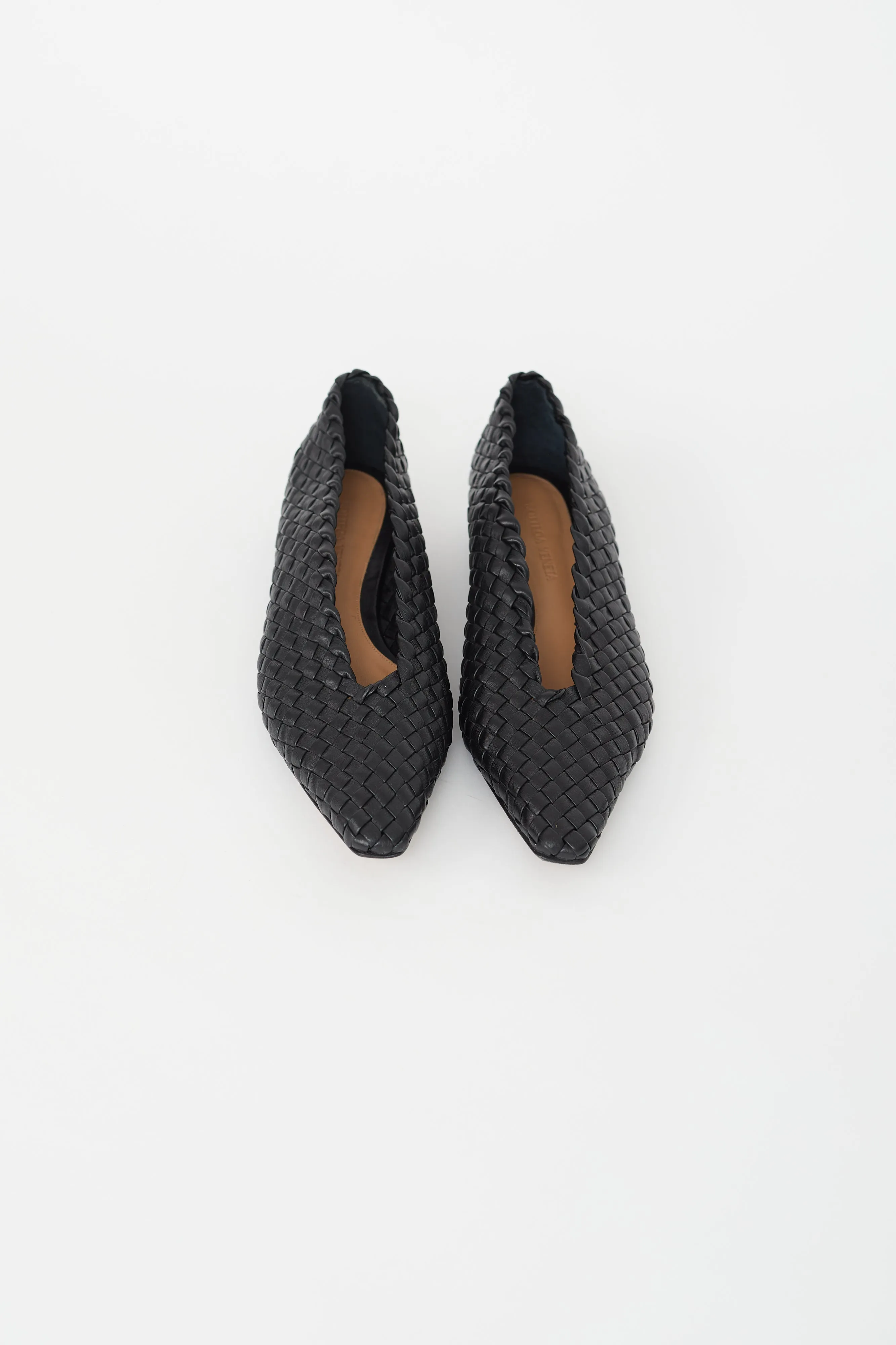 Black Leather Intrecciato Woven Flat
