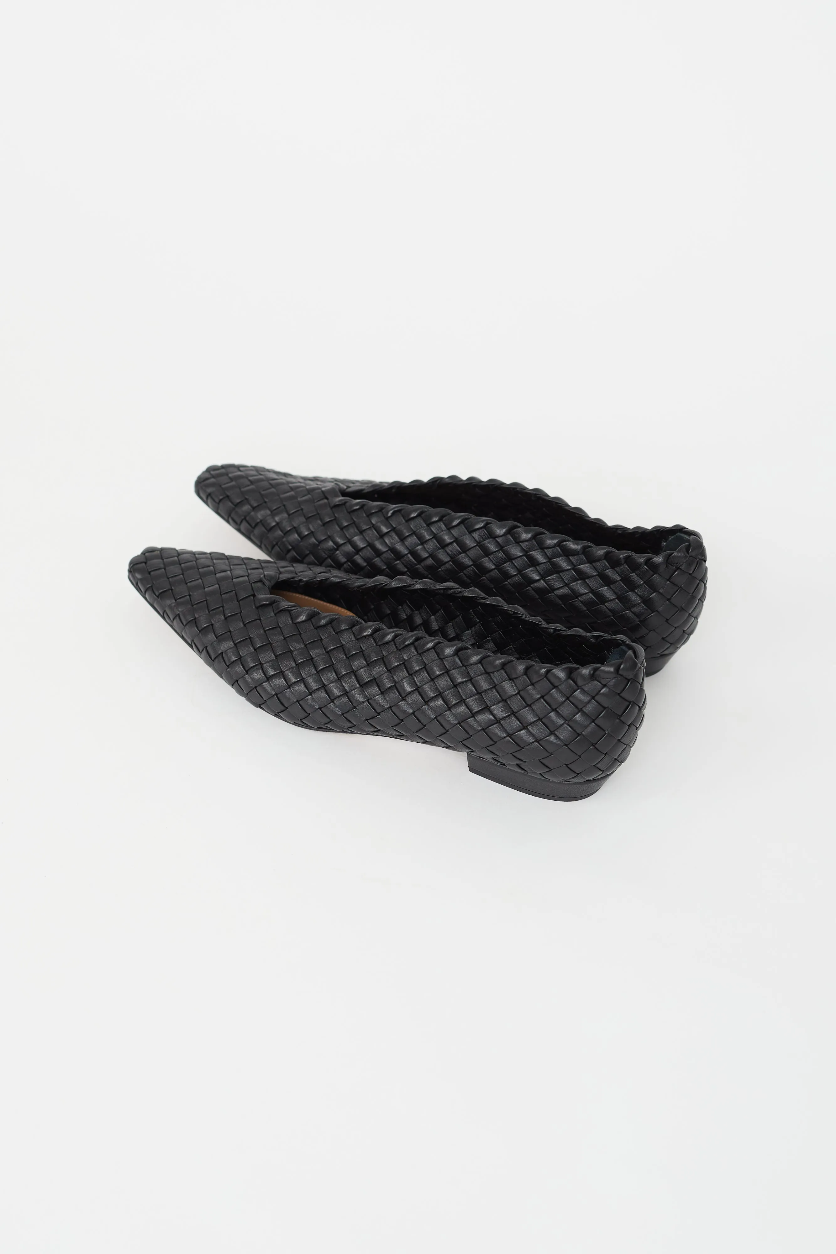 Black Leather Intrecciato Woven Flat