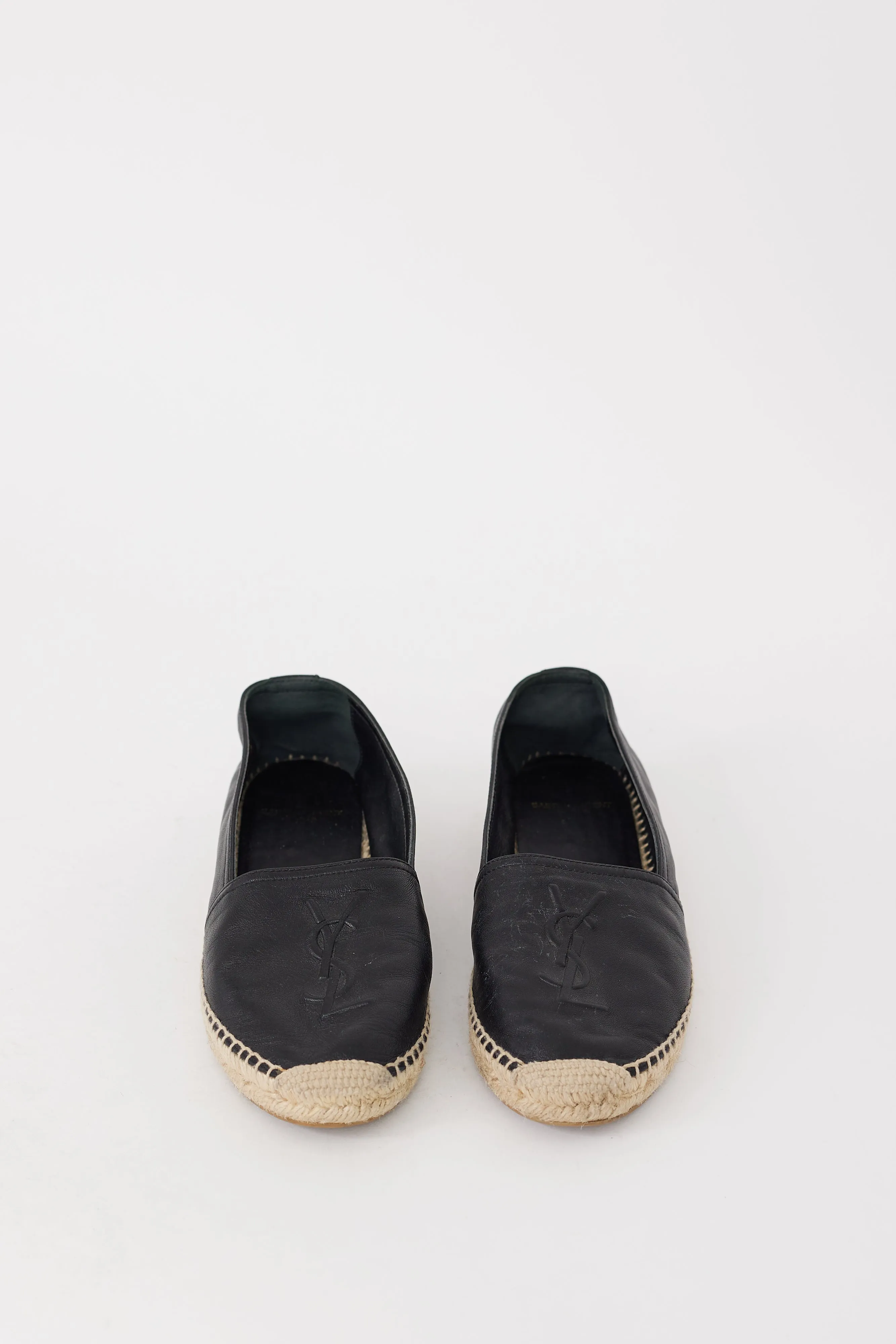 Black Leather Monogram Espadrille Flat