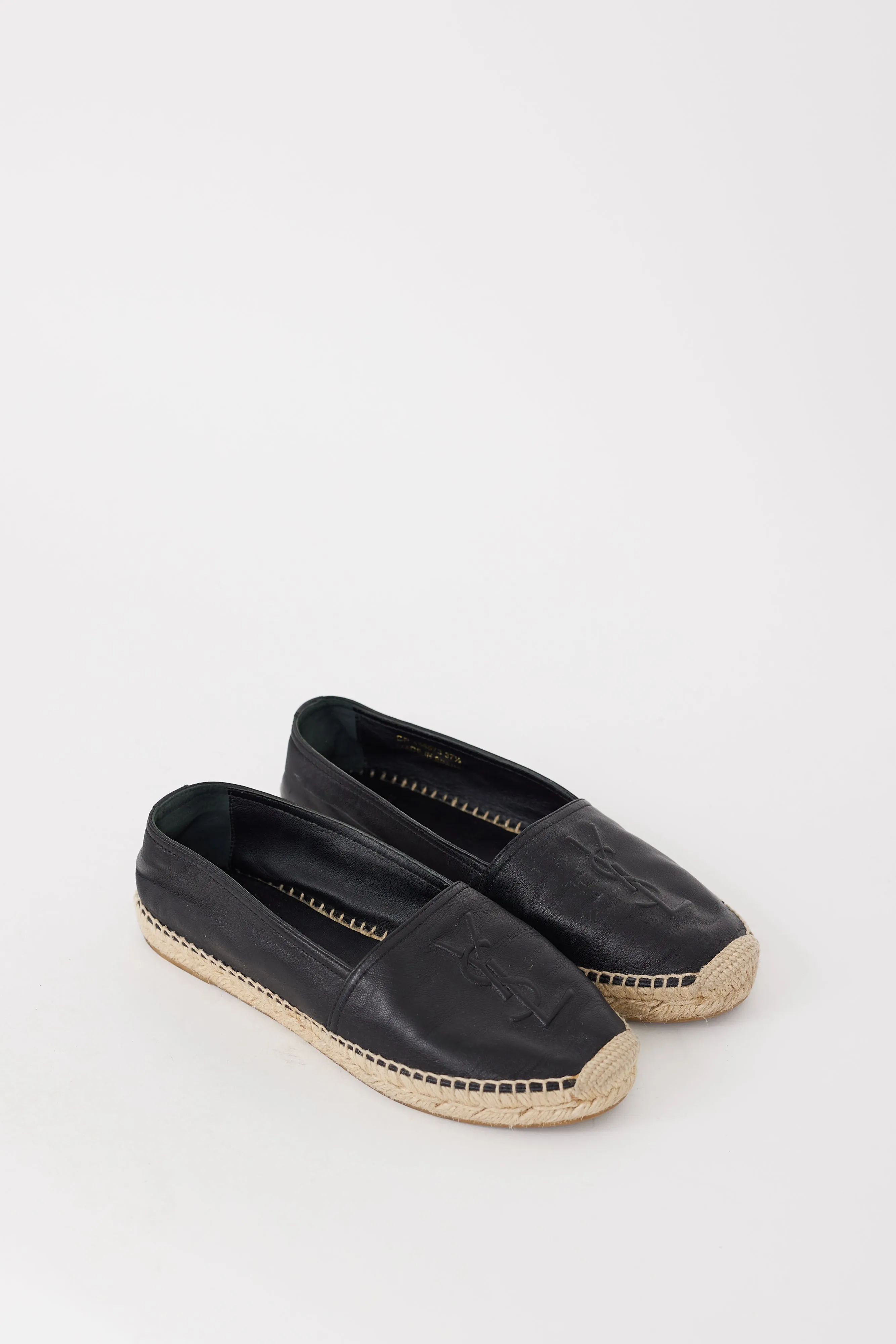 Black Leather Monogram Espadrille Flat