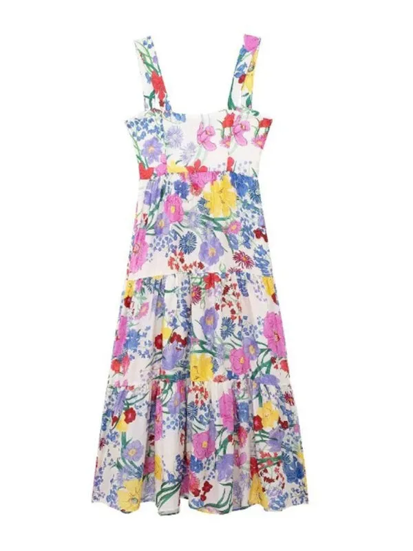 Casual Floral Maxi Dress with Sweetheart Neckline