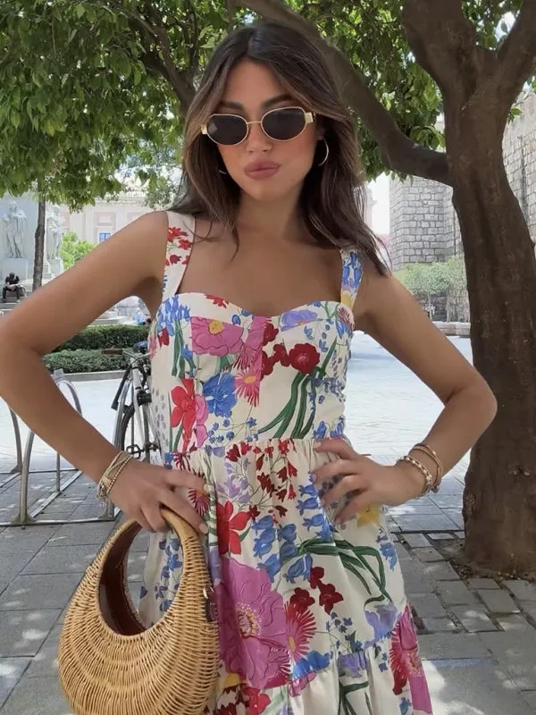 Casual Floral Maxi Dress with Sweetheart Neckline