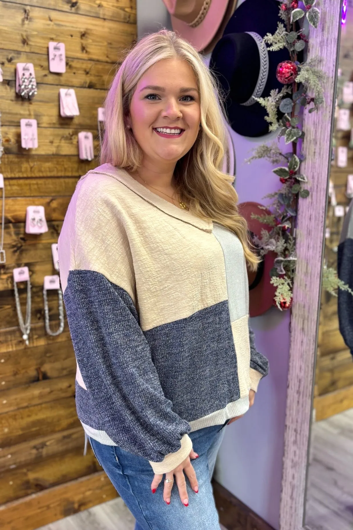 CHRISTIE Color Block Patchwork V Neck Top (Plus Size)