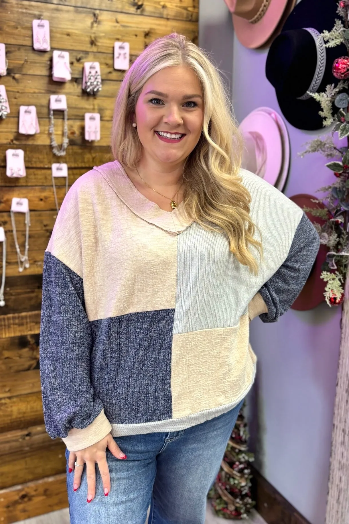 CHRISTIE Color Block Patchwork V Neck Top (Plus Size)