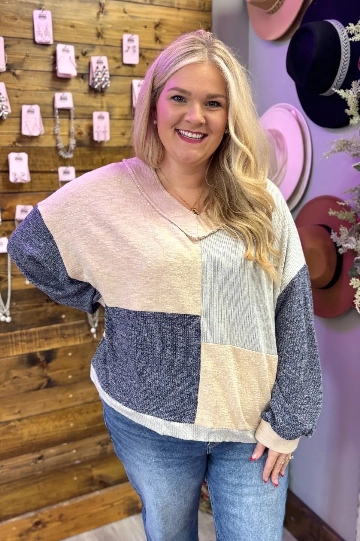 CHRISTIE Color Block Patchwork V Neck Top (Plus Size)