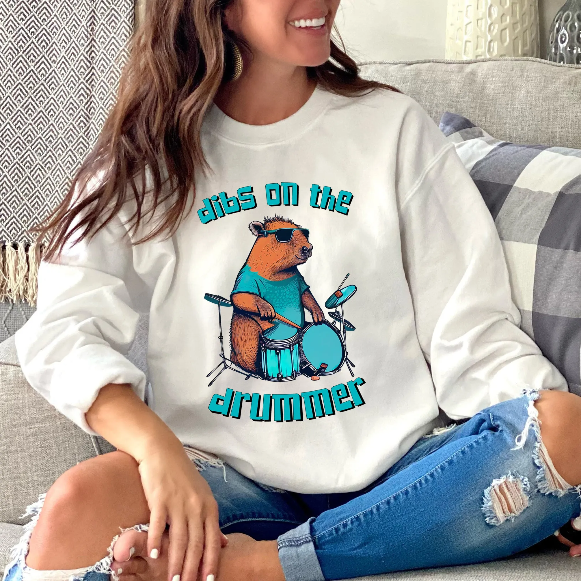 Dibs On The Drummer Capybara Shirt | Capybara Lover Gift For Her | Drummer Gift | Unisex Crewneck Sweatshirt