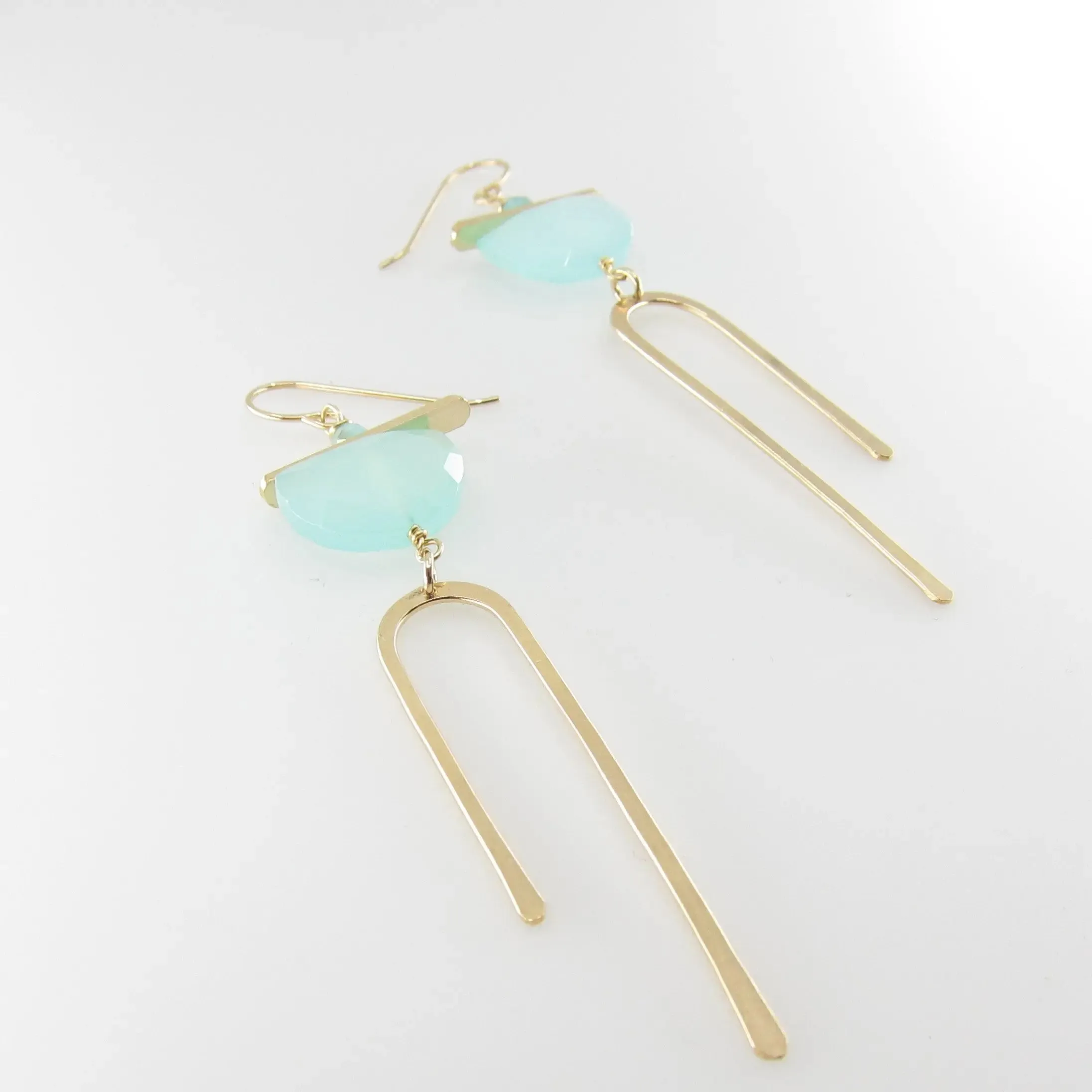 Forged Asymmetrical Arch Earring with Aqua Chalcedony Half-Moon Gemstone