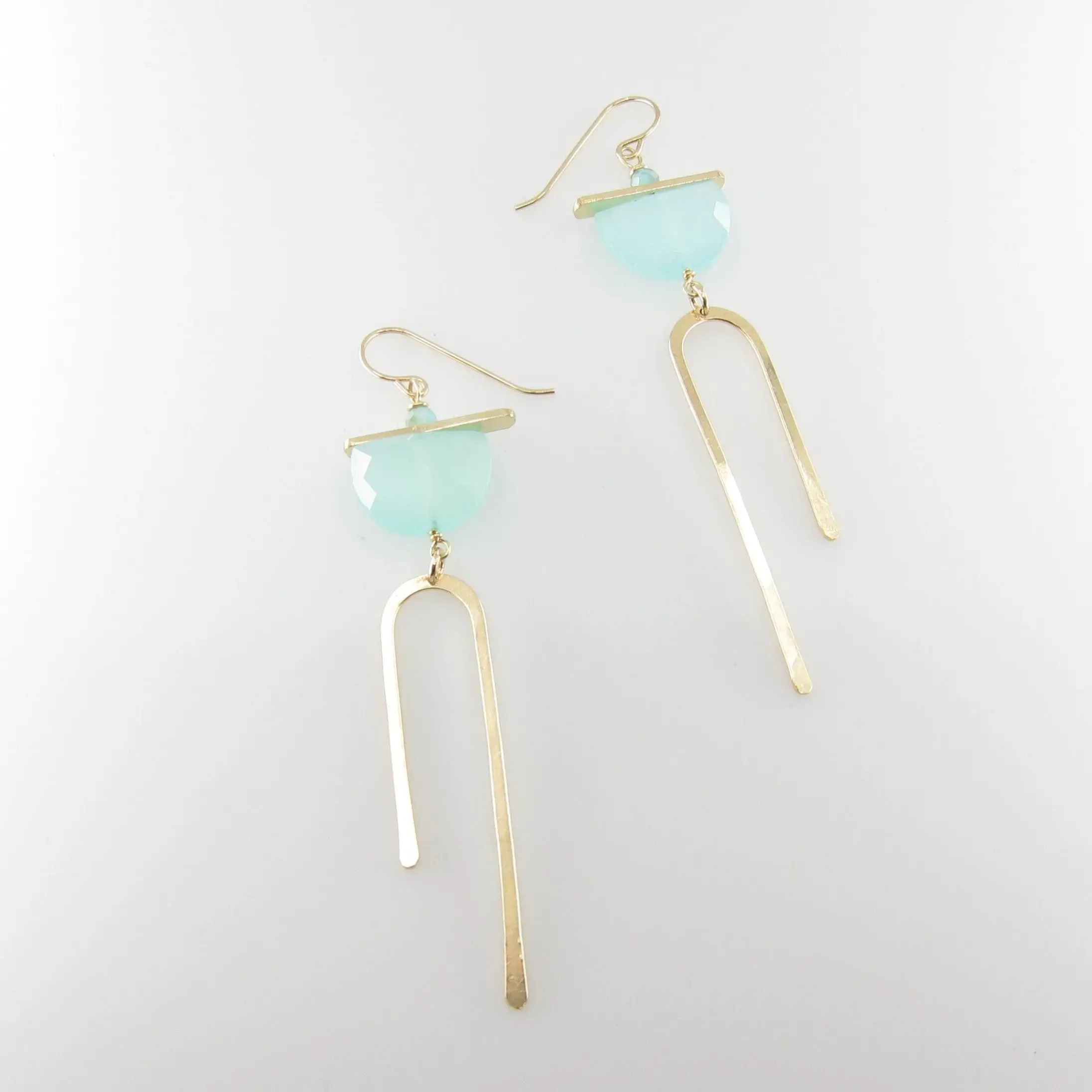 Forged Asymmetrical Arch Earring with Aqua Chalcedony Half-Moon Gemstone
