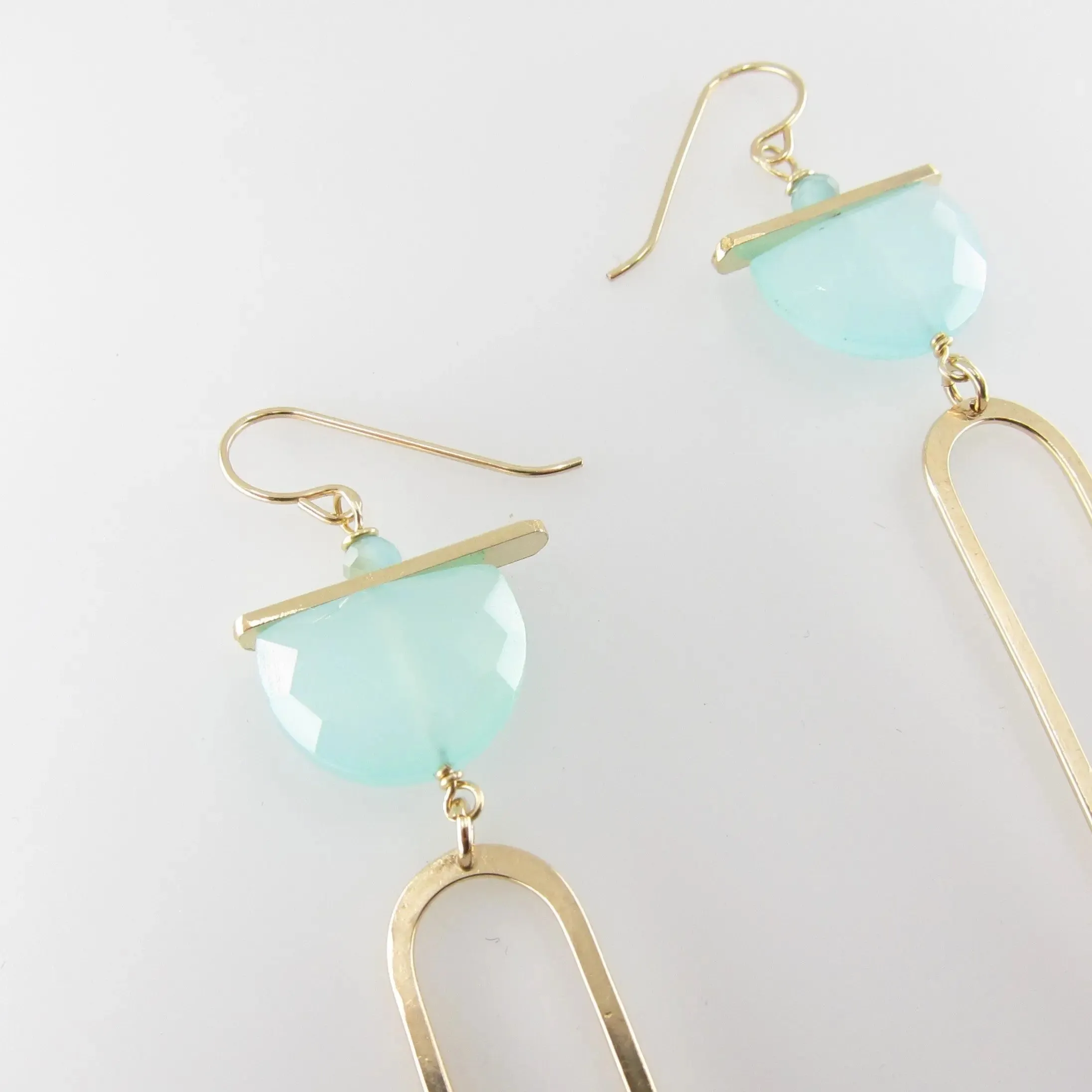 Forged Asymmetrical Arch Earring with Aqua Chalcedony Half-Moon Gemstone