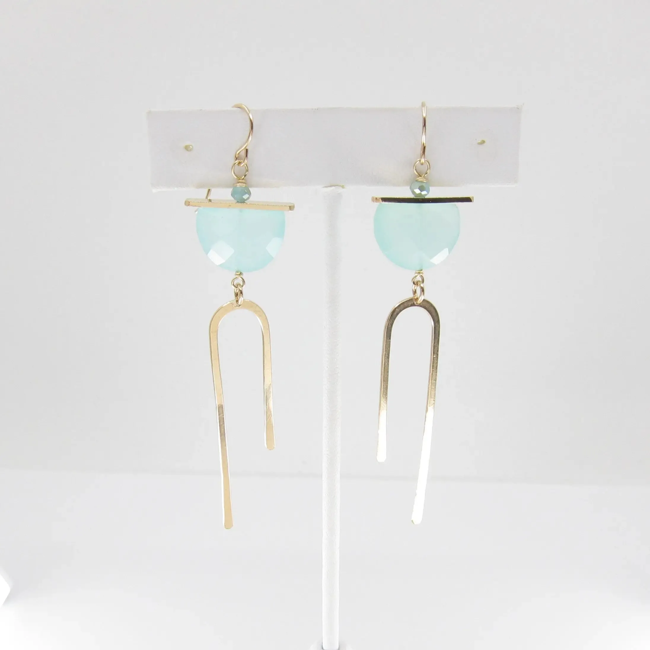 Forged Asymmetrical Arch Earring with Aqua Chalcedony Half-Moon Gemstone