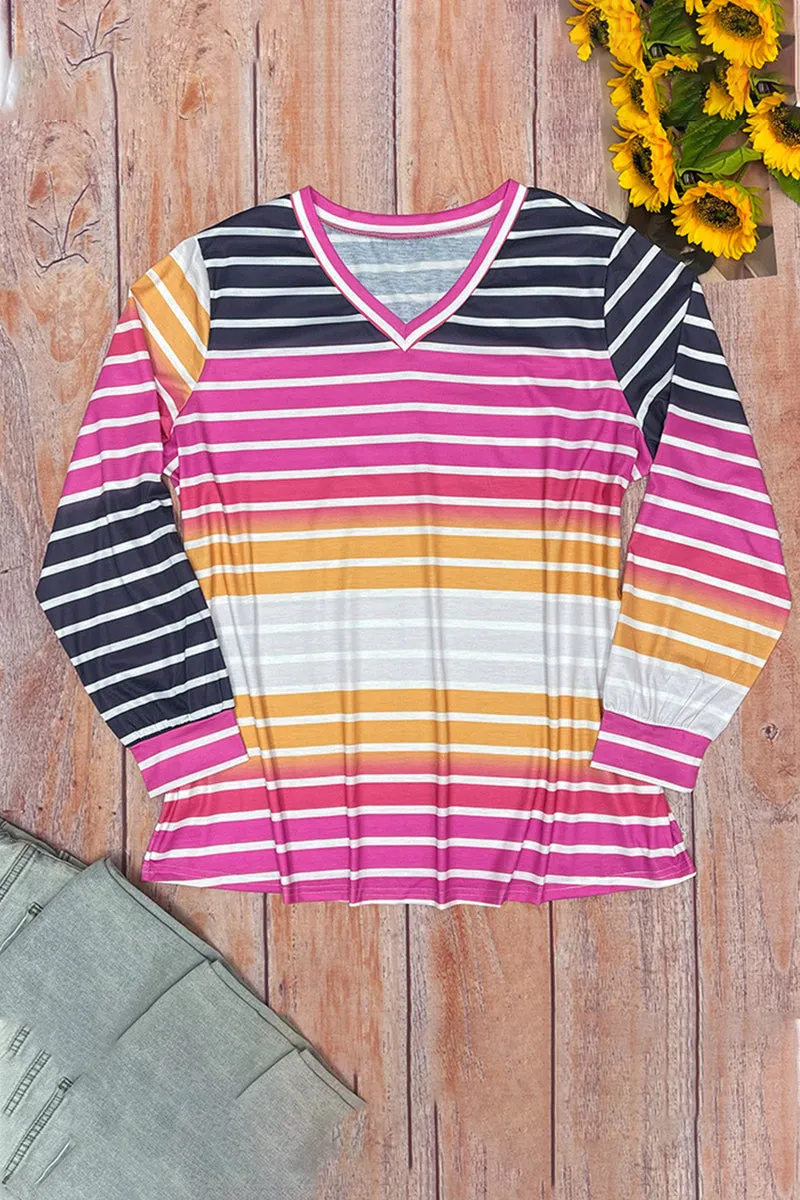 hulianfu Casual Striped Contrast V Neck Plus Size Tops