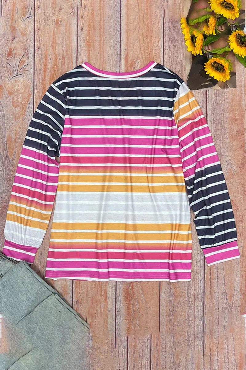 hulianfu Casual Striped Contrast V Neck Plus Size Tops