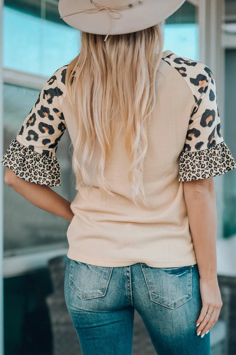 Khaki Coffee Jesus Graphic Leopard Ruffle Sleeve Top