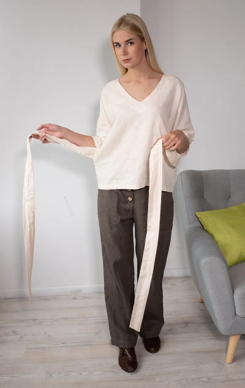 Linen Blouse ALINA With Side Belts