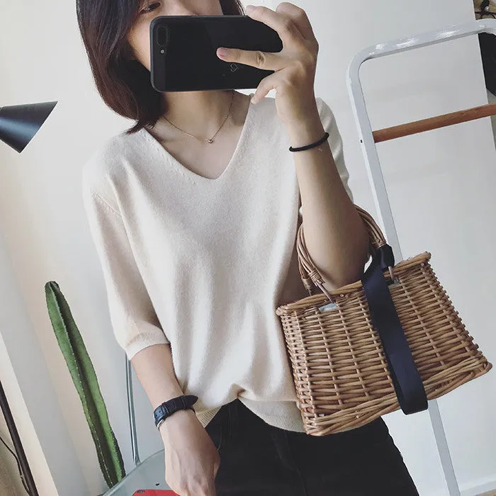 Long Sleeved Casual Korean Knitted V-Neck Loose Women Sweater
