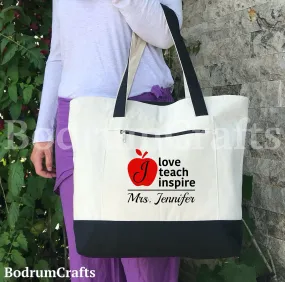 Personalized Teacher Canvas Totes, Custom Teacher Gift Bags