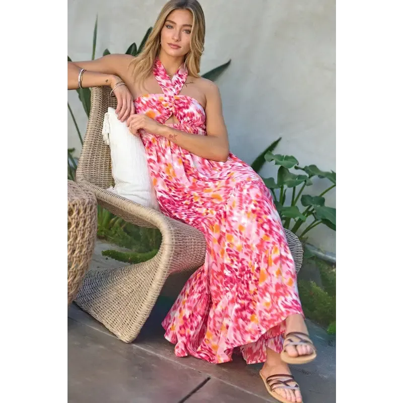 PRINTED SMOCKED RUFFLE MAXI DRESS