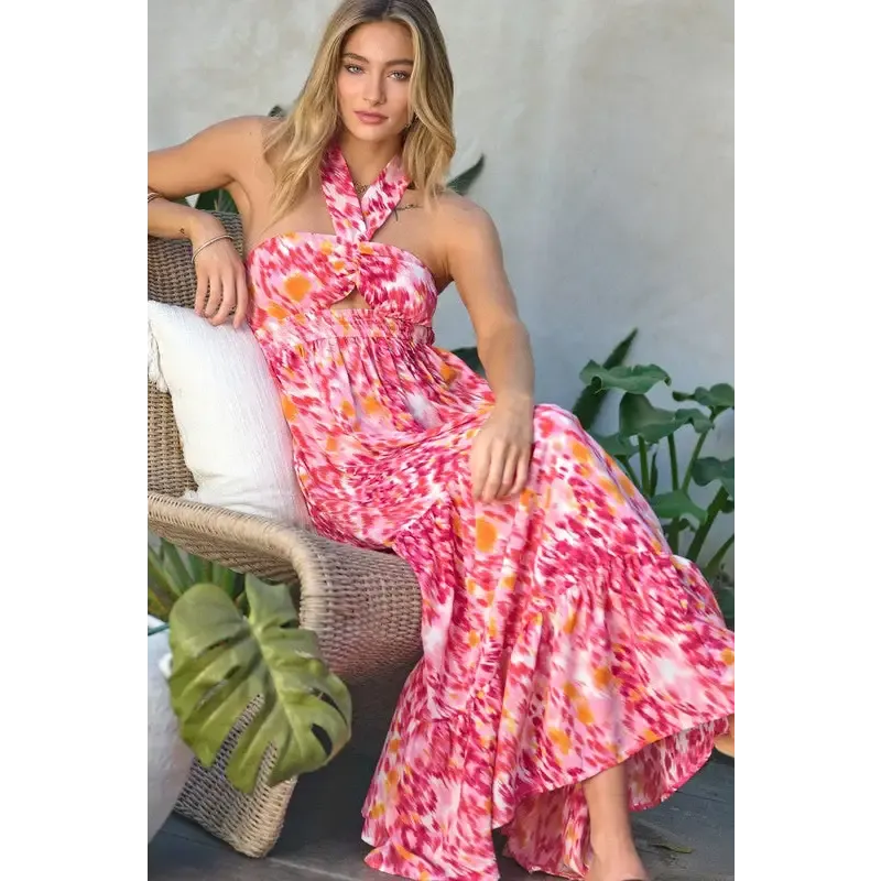 PRINTED SMOCKED RUFFLE MAXI DRESS