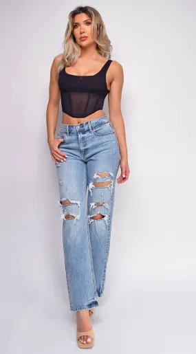 Suki Blue High Rise Straight Leg Ripped Jeans